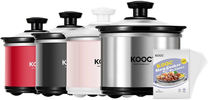 KOOC Small Slow Cooker, 0.65-Quart, Free Liners Included for Easy Clean-up, Upgraded Ceramic Pot, Nutrient Loss Reduction, Stainless Steel, Silver, Round - Image 1
